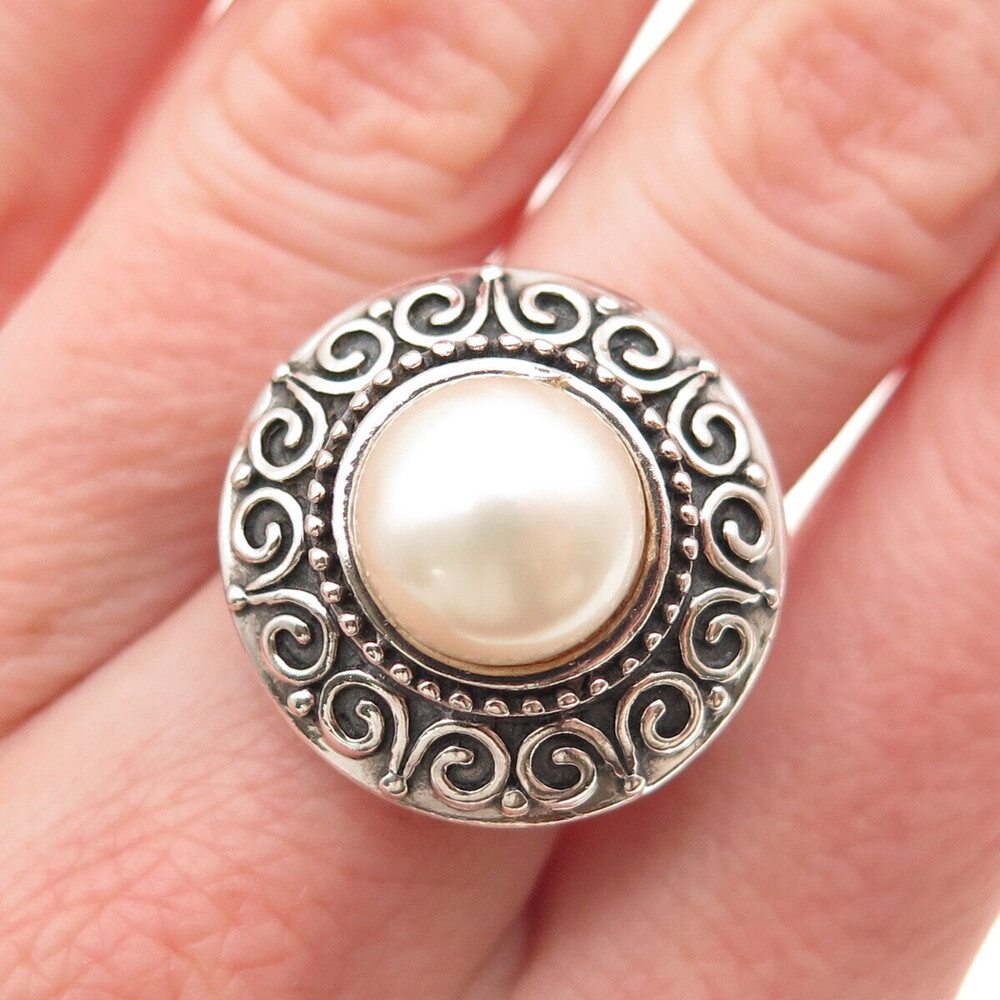 CHAPAL ZENRAY Sterling Silver Vintage Real Pearl Swirl Oxidized Ring Size 7.25